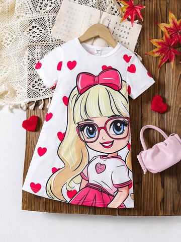Heart & Cartoon Girl Printed Round Neck Short Sleeve Casual Dress For Girls