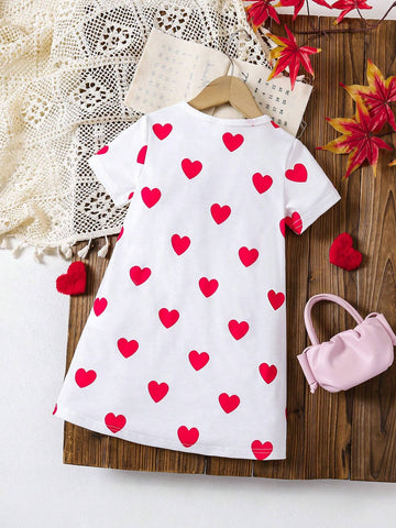 Heart & Cartoon Girl Printed Round Neck Short Sleeve Casual Dress For Girls