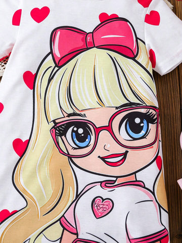 Heart & Cartoon Girl Printed Round Neck Short Sleeve Casual Dress For Girls
