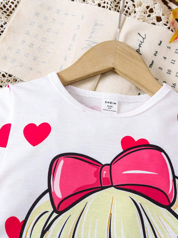 Heart & Cartoon Girl Printed Round Neck Short Sleeve Casual Dress For Girls