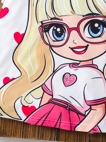 Heart & Cartoon Girl Printed Round Neck Short Sleeve Casual Dress For Girls