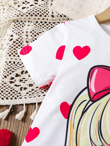 Heart & Cartoon Girl Printed Round Neck Short Sleeve Casual Dress For Girls