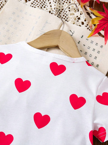 Heart & Cartoon Girl Printed Round Neck Short Sleeve Casual Dress For Girls