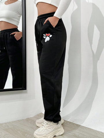 Heart & Cartoon Graphic Drawstring Waist Sweatpants