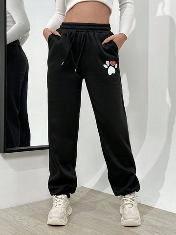 Heart & Cartoon Graphic Drawstring Waist Sweatpants