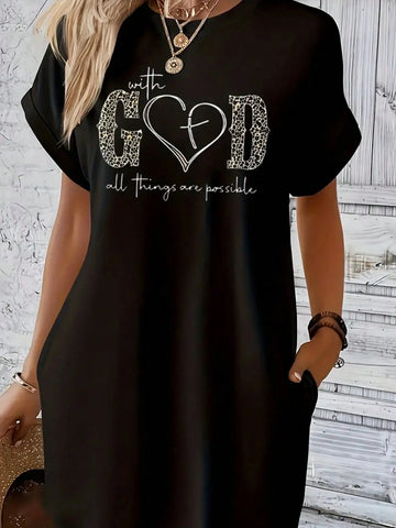 Heart & Letter Print Pocket T-Shirt Dress, Women Casual Round Neck Short Sleeve Loose Dress For Spring Summer