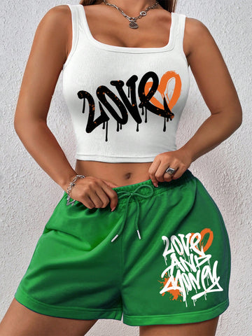 Heart & Letter Printed Tank Top With Shorts Set