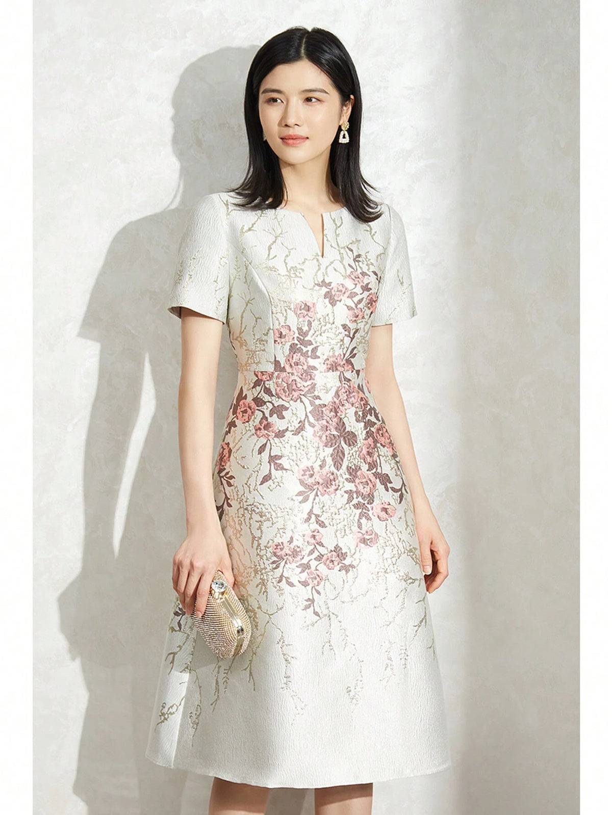 Heavy Industry Elegant Women's Floral Jacquard Short Sleeve Cocktail Party Dress
