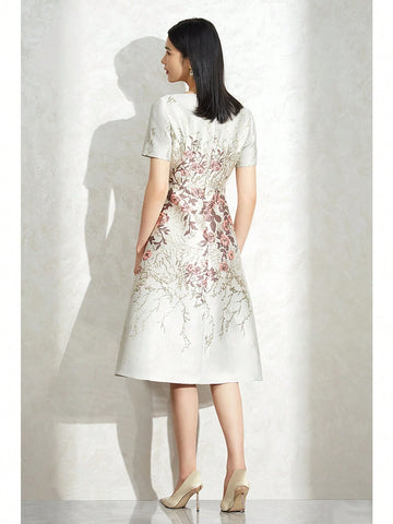 Heavy Industry Elegant Women's Floral Jacquard Short Sleeve Cocktail Party Dress