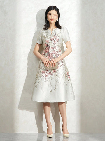 Heavy Industry Elegant Women's Floral Jacquard Short Sleeve Cocktail Party Dress