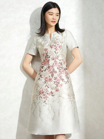 Heavy Industry Elegant Women's Floral Jacquard Short Sleeve Cocktail Party Dress