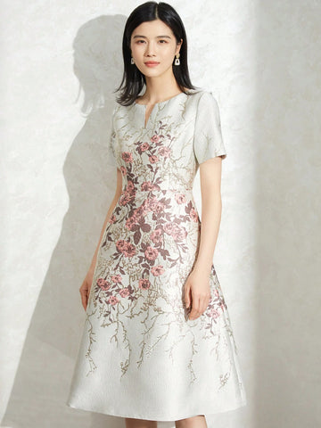 Heavy Industry Elegant Women's Floral Jacquard Short Sleeve Cocktail Party Dress