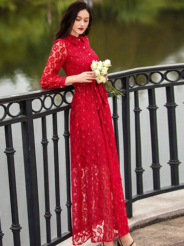 Heavy Lace Elegant Women's Long Sleeve Formal Evening Dress