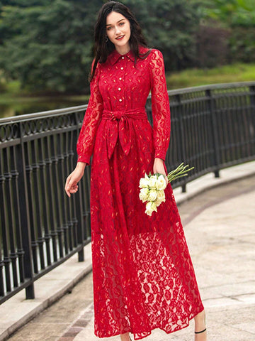 Heavy Lace Elegant Women's Long Sleeve Formal Evening Dress