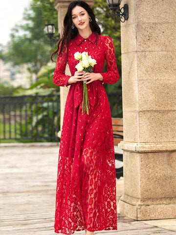 Heavy Lace Elegant Women's Long Sleeve Formal Evening Dress