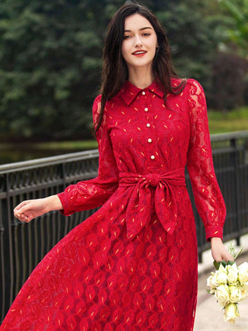 Heavy Lace Elegant Women's Long Sleeve Formal Evening Dress