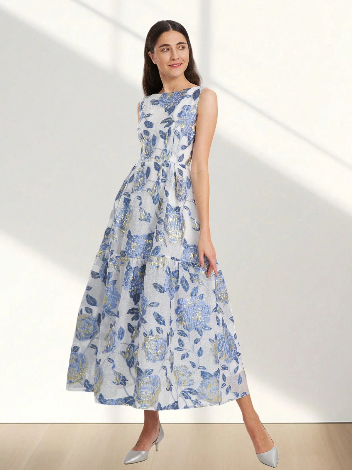 Heavy Lace Jacquard Elegant Sleeveless Party Prom Dress, Gold Thread