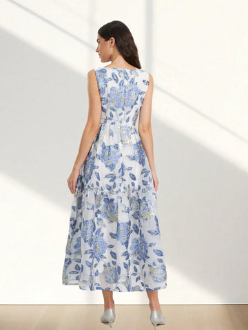 Heavy Lace Jacquard Elegant Sleeveless Party Prom Dress, Gold Thread