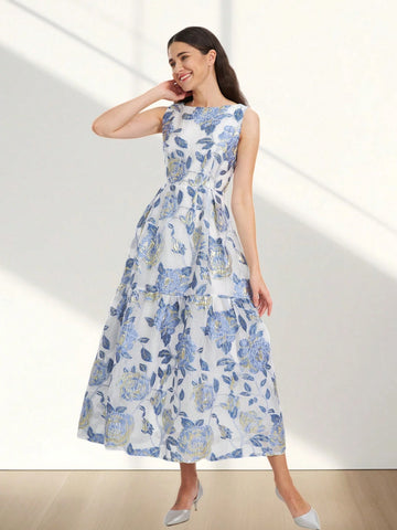 Heavy Lace Jacquard Elegant Sleeveless Party Prom Dress, Gold Thread