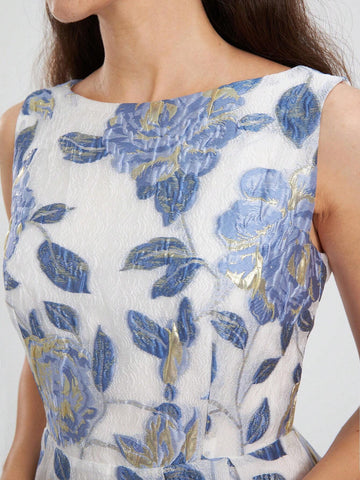 Heavy Lace Jacquard Elegant Sleeveless Party Prom Dress, Gold Thread