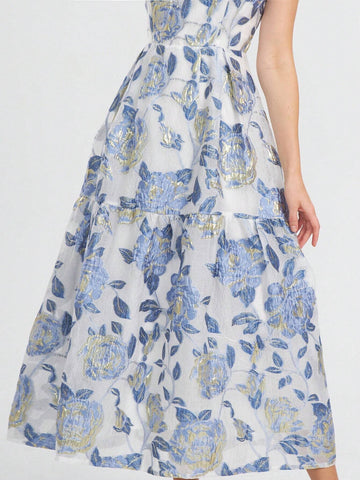 Heavy Lace Jacquard Elegant Sleeveless Party Prom Dress, Gold Thread