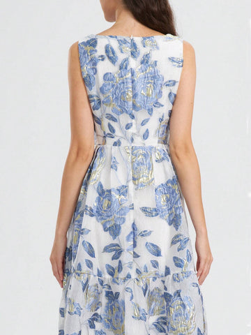 Heavy Lace Jacquard Elegant Sleeveless Party Prom Dress, Gold Thread