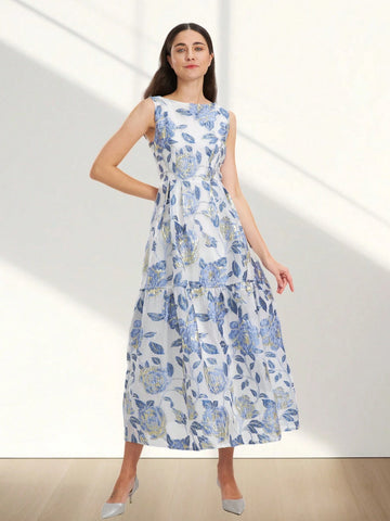 Heavy Lace Jacquard Elegant Sleeveless Party Prom Dress, Gold Thread