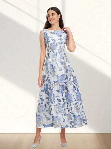 Heavy Lace Jacquard Elegant Sleeveless Party Prom Dress, Gold Thread