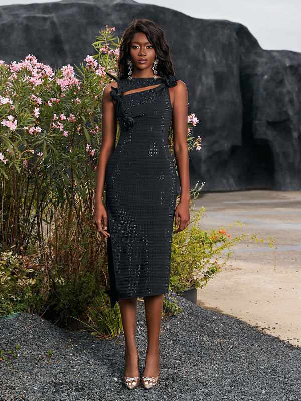 Hecate Flower Embellished Bandage Midi Dress In Black