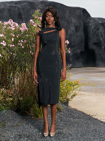 Hecate Flower Embellished Bandage Midi Dress In Black