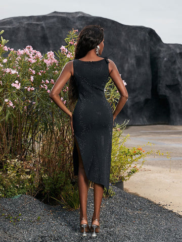 Hecate Flower Embellished Bandage Midi Dress In Black