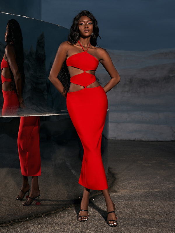 Hedwig Cutout High Split Bandage Dress In Red