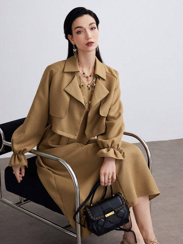 Heiryn 2pcs/Set Office Wear Women Solid Color Long Sleeve Jacket Top And Casual Chic Dress Co-Ords