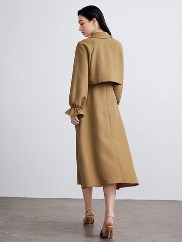 Heiryn 2pcs/Set Office Wear Women Solid Color Long Sleeve Jacket Top And Casual Chic Dress Co-Ords