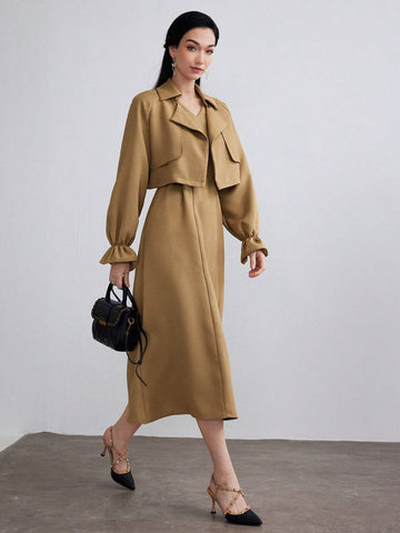 Heiryn 2pcs/Set Office Wear Women Solid Color Long Sleeve Jacket Top And Casual Chic Dress Co-Ords