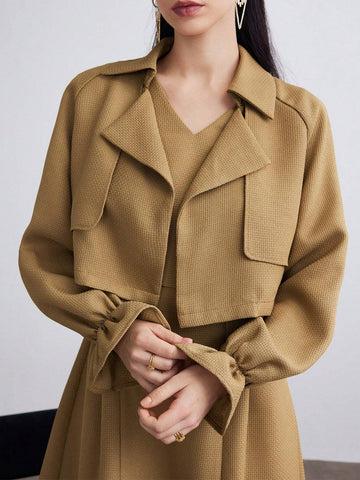 Heiryn 2pcs/Set Office Wear Women Solid Color Long Sleeve Jacket Top And Casual Chic Dress Co-Ords