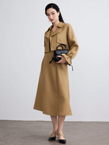 Heiryn 2pcs/Set Office Wear Women Solid Color Long Sleeve Jacket Top And Casual Chic Dress Co-Ords