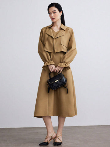 Heiryn 2pcs/Set Office Wear Women Solid Color Long Sleeve Jacket Top And Casual Chic Dress Co-Ords