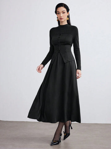 Heiryn 2pcs Women Elegant Commuter Solid Color Long Sleeve Top And Skirt Set, Autumn Winter