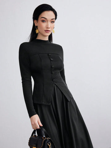 Heiryn 2pcs Women Elegant Commuter Solid Color Long Sleeve Top And Skirt Set, Autumn Winter