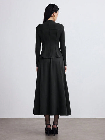 Heiryn 2pcs Women Elegant Commuter Solid Color Long Sleeve Top And Skirt Set, Autumn Winter