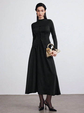 Heiryn 2pcs Women Elegant Commuter Solid Color Long Sleeve Top And Skirt Set, Autumn Winter