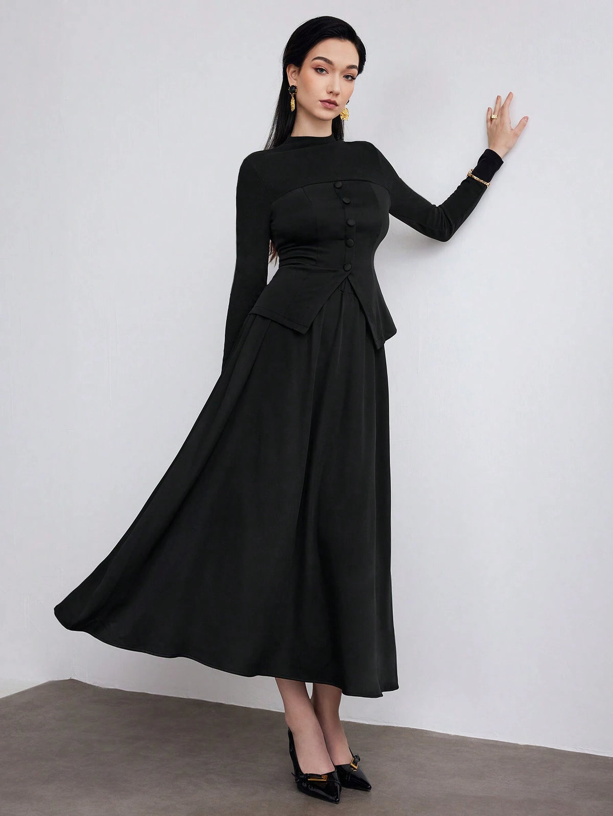 Heiryn 2pcs Women Elegant Commuter Solid Color Long Sleeve Top And Skirt Set, Autumn Winter