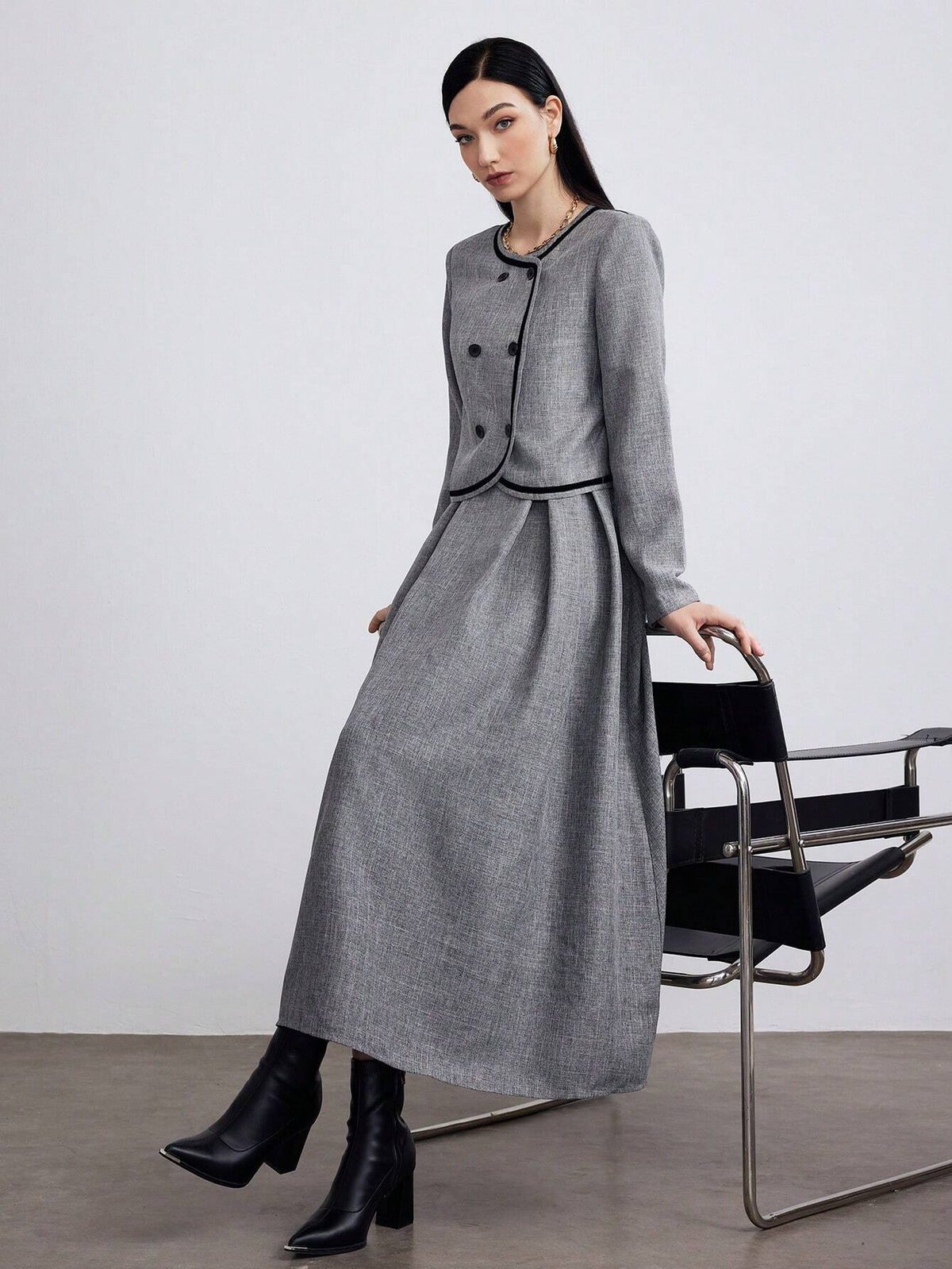 Heiryn Women's Autumn Double-Breasted Round Neck Long Sleeve Jacket And Strap Dress Elegant 2-Piece Set