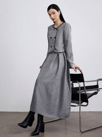 Heiryn Women's Autumn Double-Breasted Round Neck Long Sleeve Jacket And Strap Dress Elegant 2-Piece Set