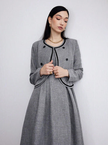 Heiryn Women's Autumn Double-Breasted Round Neck Long Sleeve Jacket And Strap Dress Elegant 2-Piece Set