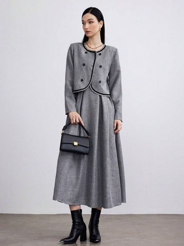 Heiryn Women's Autumn Double-Breasted Round Neck Long Sleeve Jacket And Strap Dress Elegant 2-Piece Set