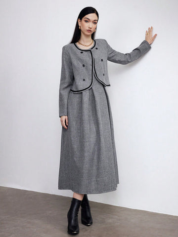 Heiryn Women's Autumn Double-Breasted Round Neck Long Sleeve Jacket And Strap Dress Elegant 2-Piece Set