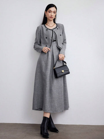 Heiryn Women's Autumn Double-Breasted Round Neck Long Sleeve Jacket And Strap Dress Elegant 2-Piece Set