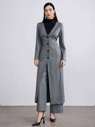 Heiryn Women's Autumn Single-Breasted Long Sleeve Casual Chic Jacket And Pants 2-Piece Set